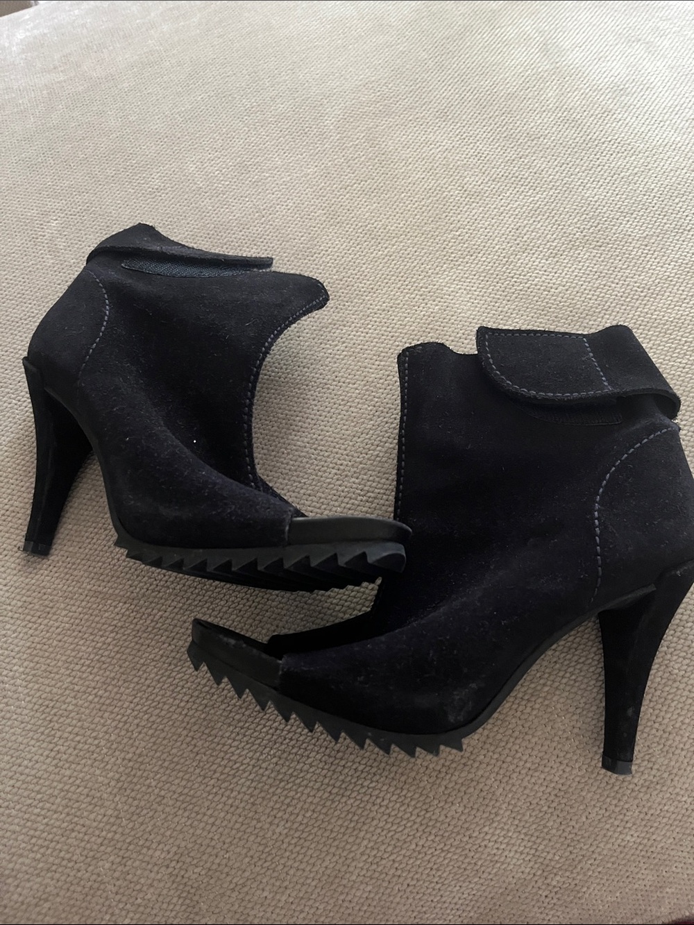Pedro Garcia Black Suede Ankle Heeled Boots with Jagged Sole
